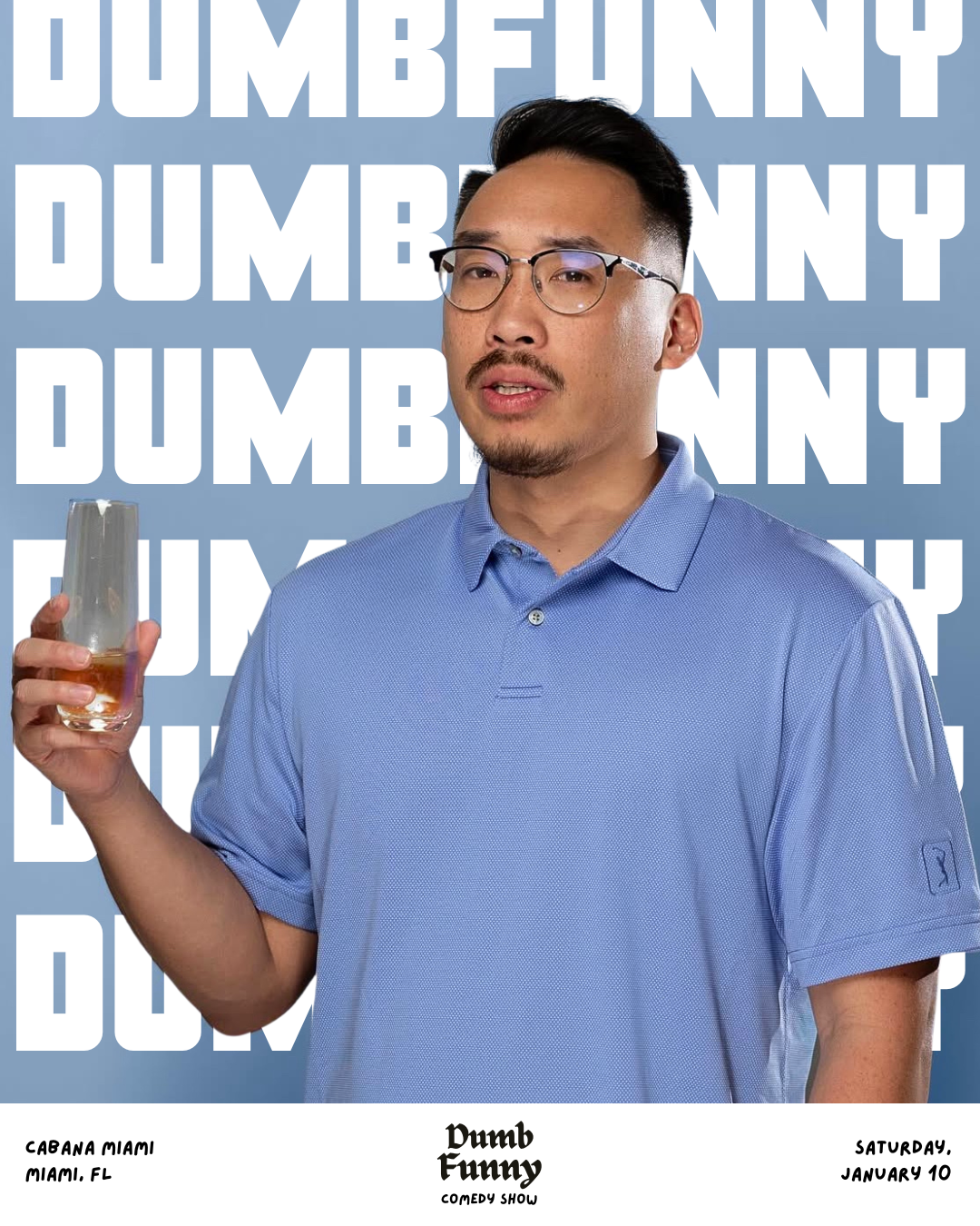 A man wearing glasses and a blue shirt, holding a glass of beer with a broken top, standing in front of a background with the words "Dumb Funny" repeated in white.