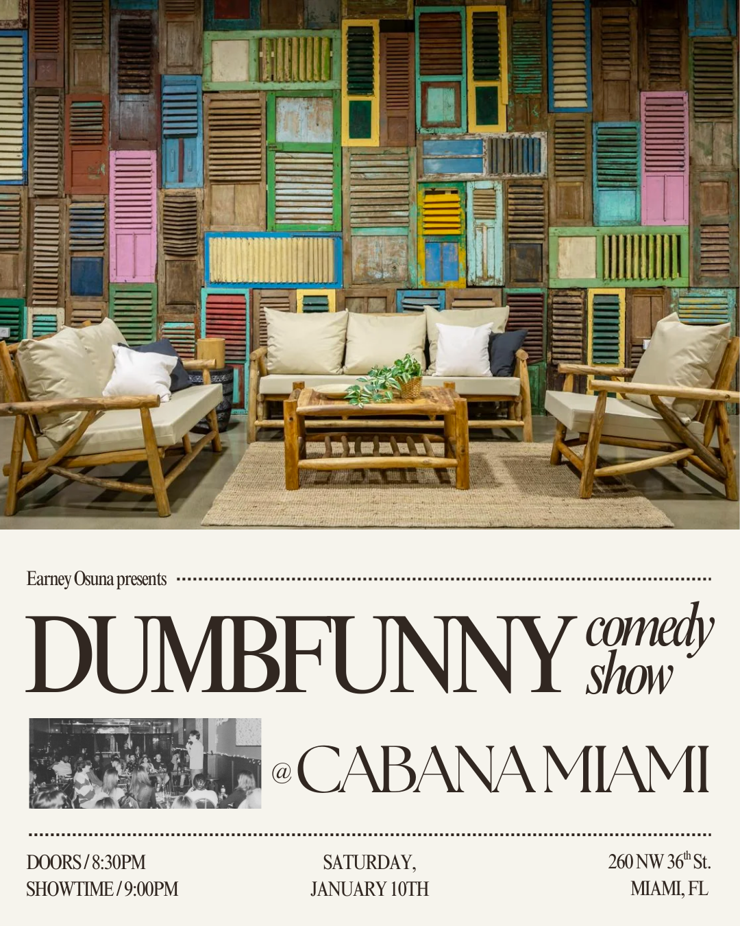 Event flyer for Dumbunny comedy show at Caban Miami featuring a colorful wooden wall, rustic furniture with cushions, and a green plant on the coffee table.