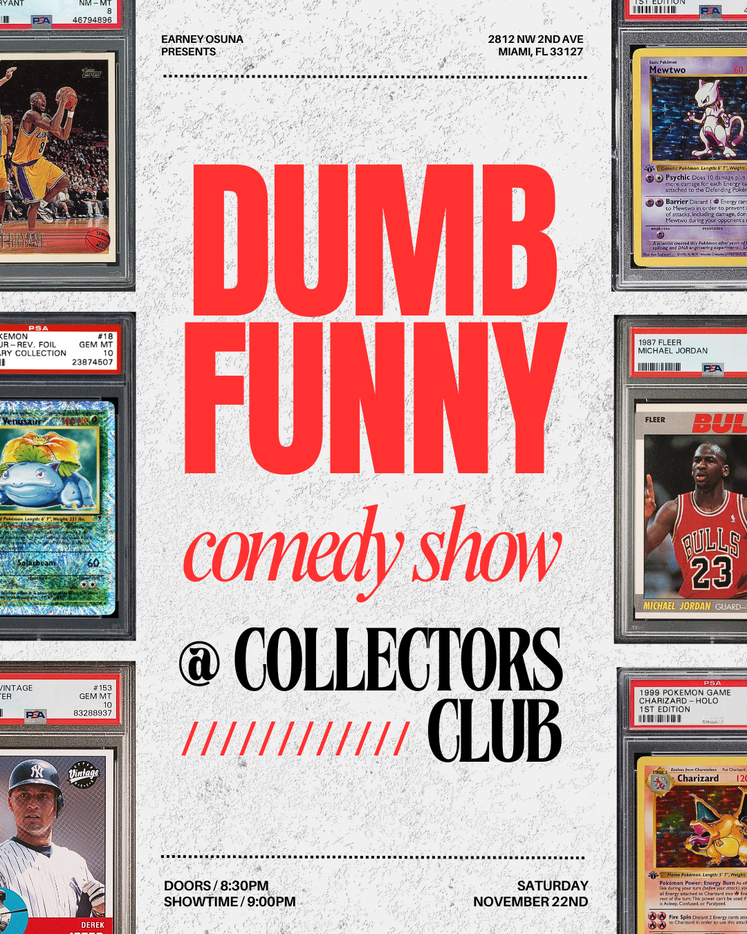 Event poster for a comedy show titled 'Dumb Funny' at Collectors Club, featuring various sports trading cards and Pokémon cards, with details about date, time, and location.