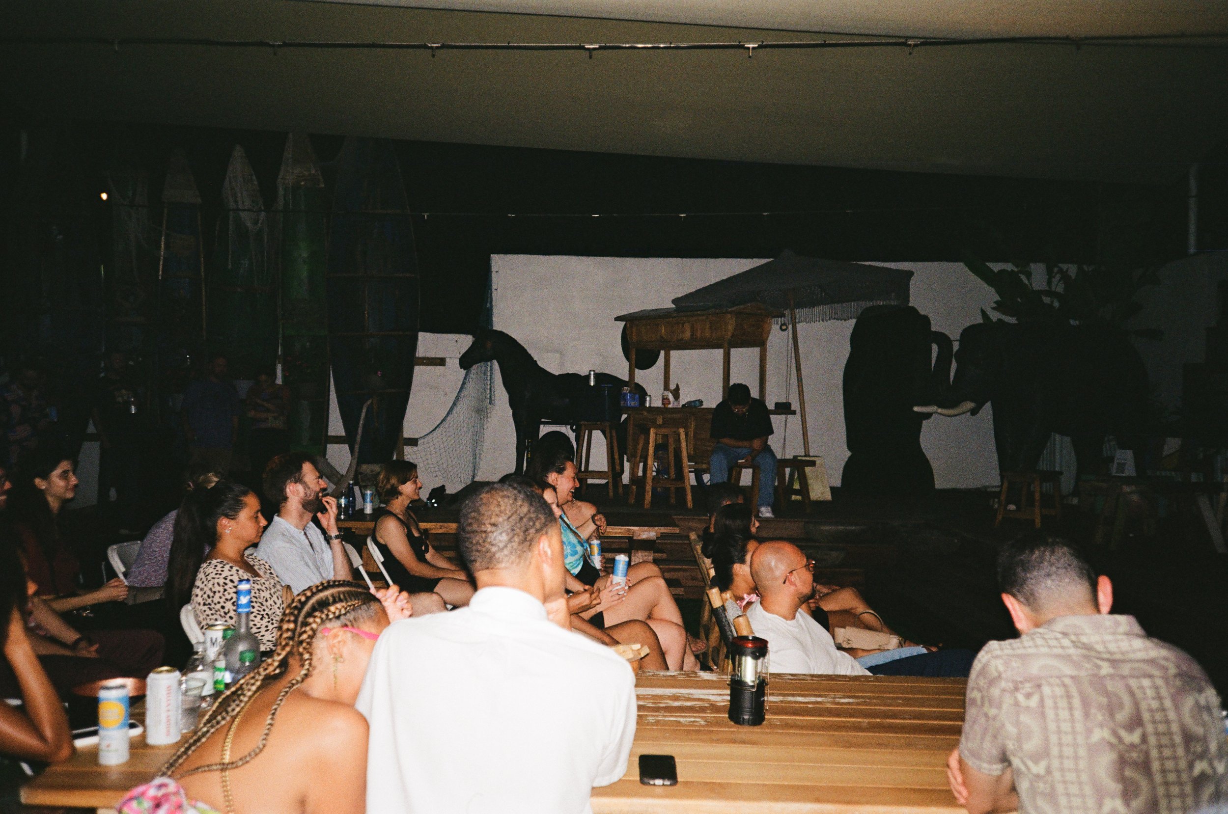 An indoor theater scene with an audience watching a shadow puppet show on a dark backdrop. The puppets include a horse and an elephant, and a person sits on a platform controlling the puppets.
