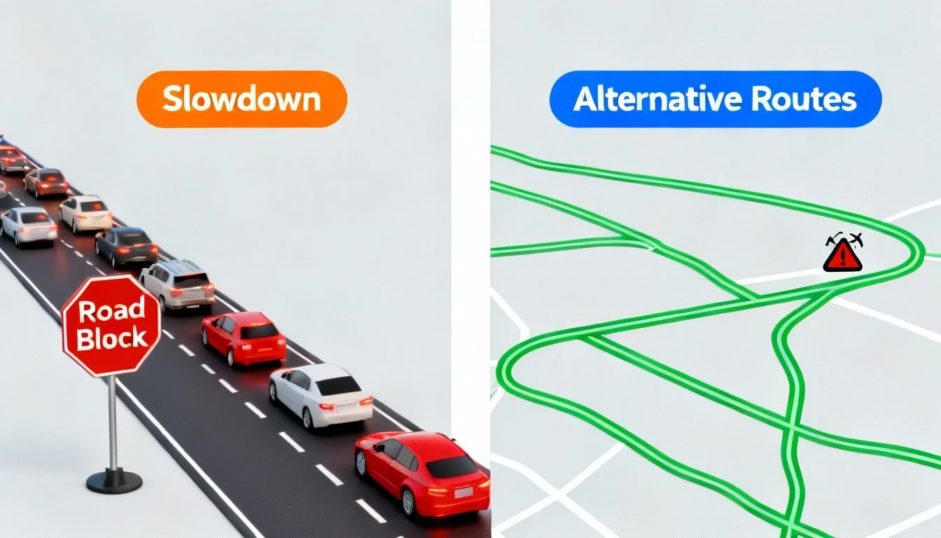 Image of traffic on a road with alternative routes highlighted