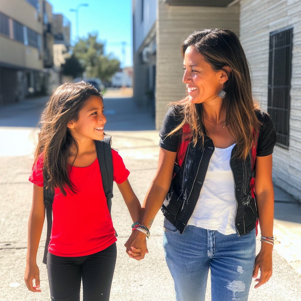 A woman and a girl smiling and holding hands while walking on a city street.
