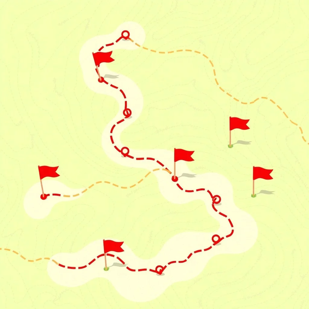 Map with red flags and paths that go through and avoid them