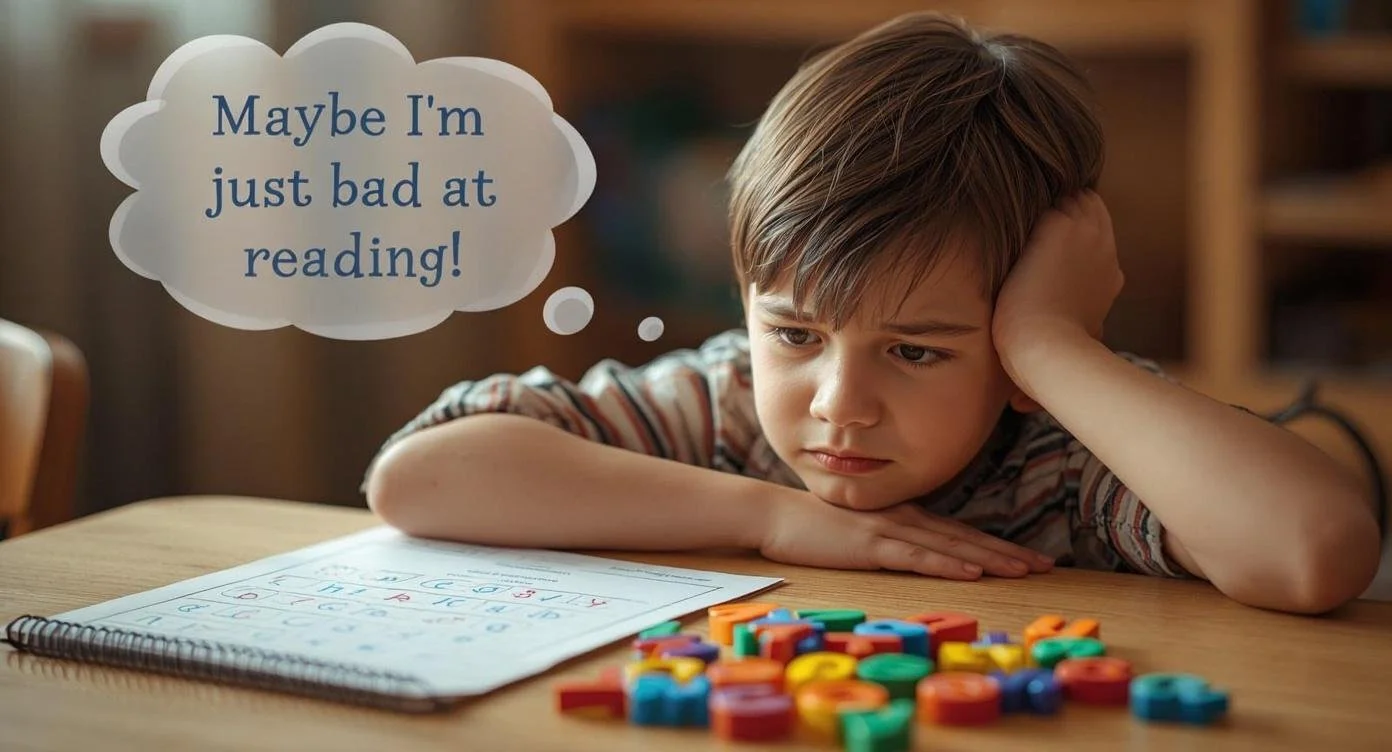 Child with thought buble saying "maybe I'm just bad at reading"
