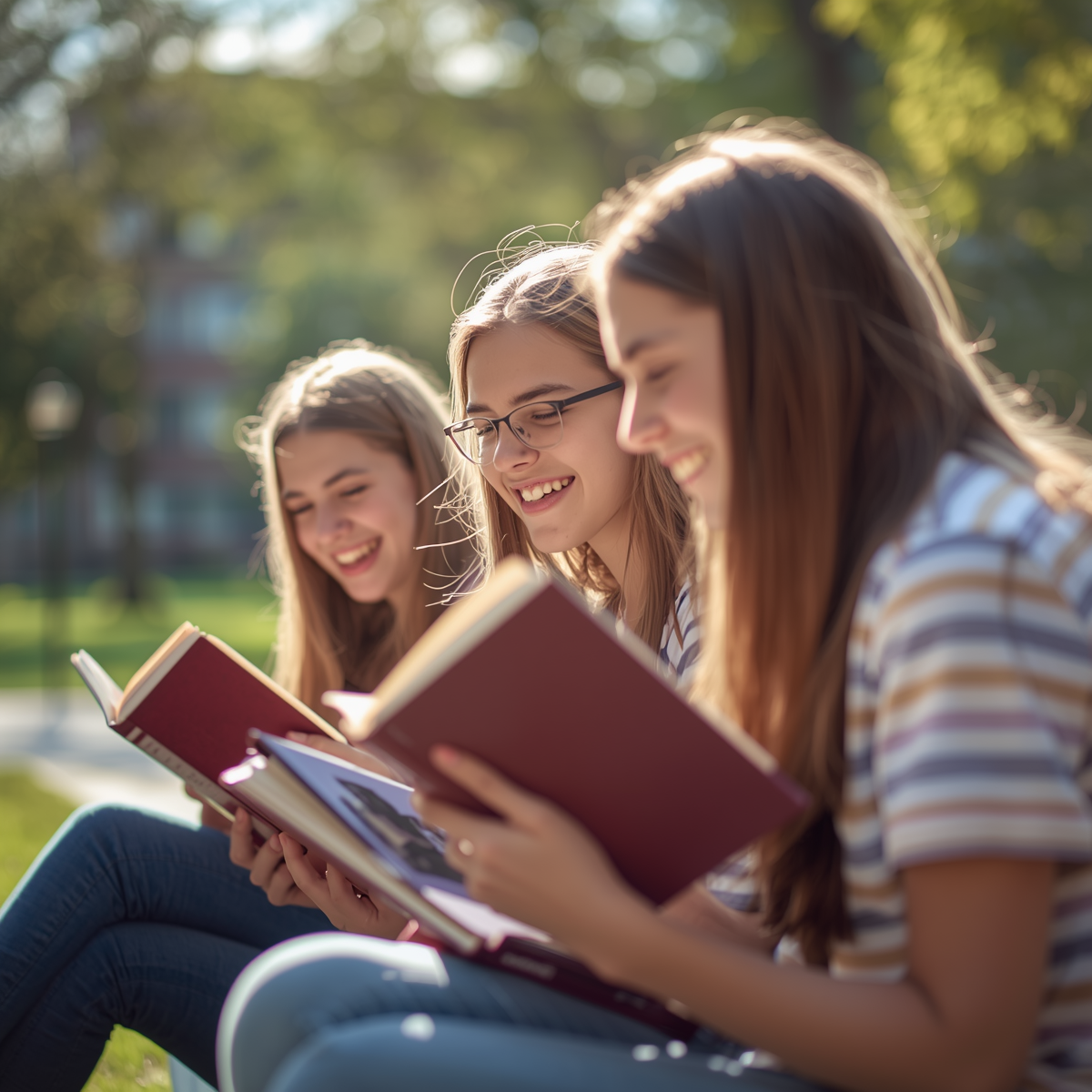 three girls reading books outside together.