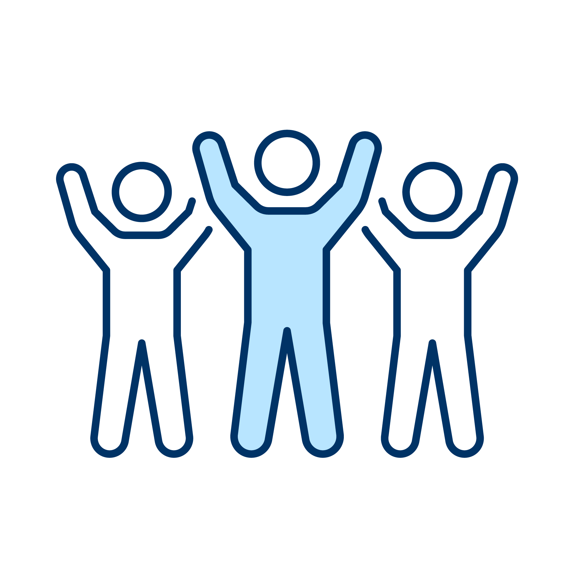 Line drawing of seven people with arms raised, with one person in the center highlighted in light blue. The group appears to be celebrating or cheering.