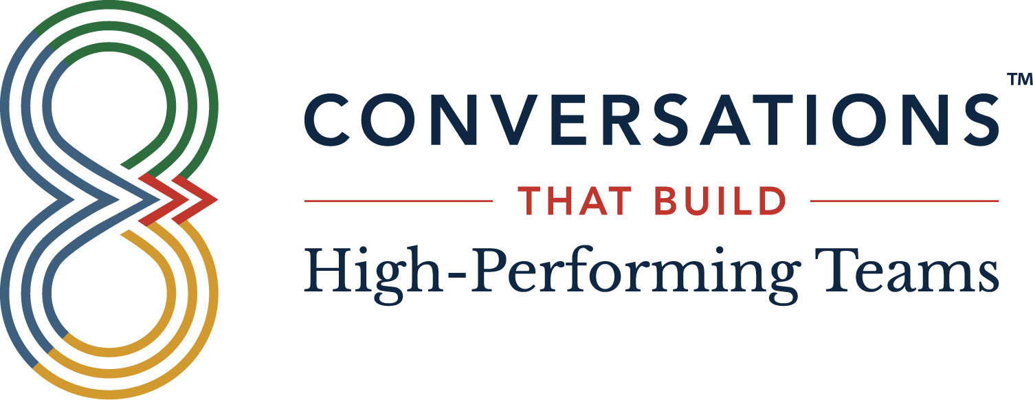 Logo with an abstract number 8 made of multi-colored lines, accompanied by the text 'CONVERSATIONS THAT BUILD High-Performing Teams'.