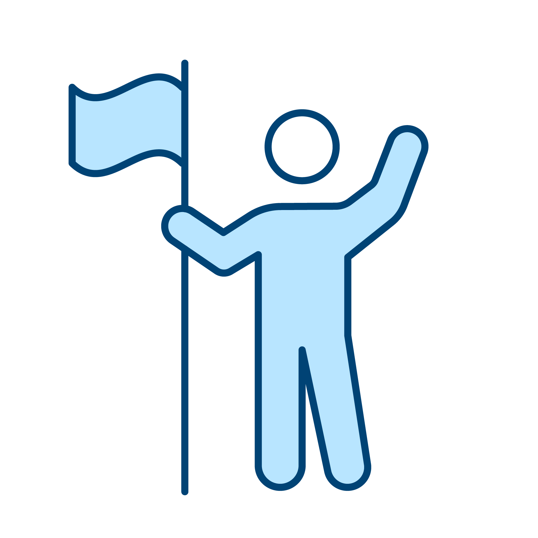 A stylized illustration of an open hand holding a small round object, with a wave-like flag to the left of the hand.