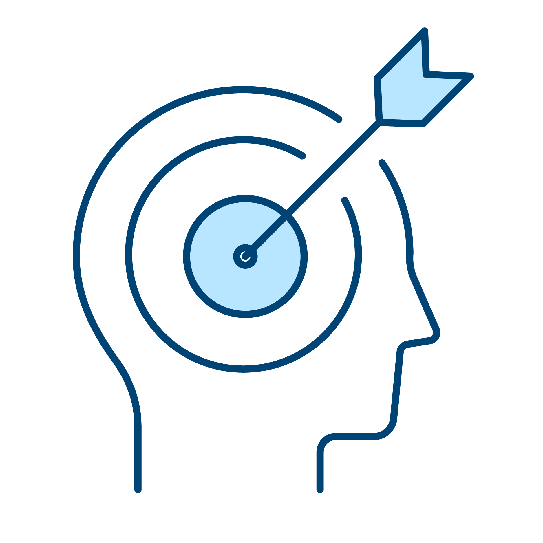 Outline of a human head with a target circle inside it. An arrow is hitting the center of the target, indicating success or focus.