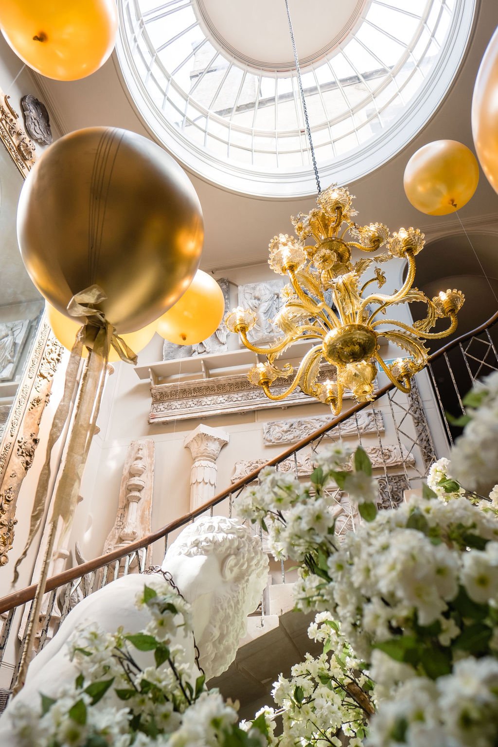aynhoe park wedding, gold balloons marble hallway