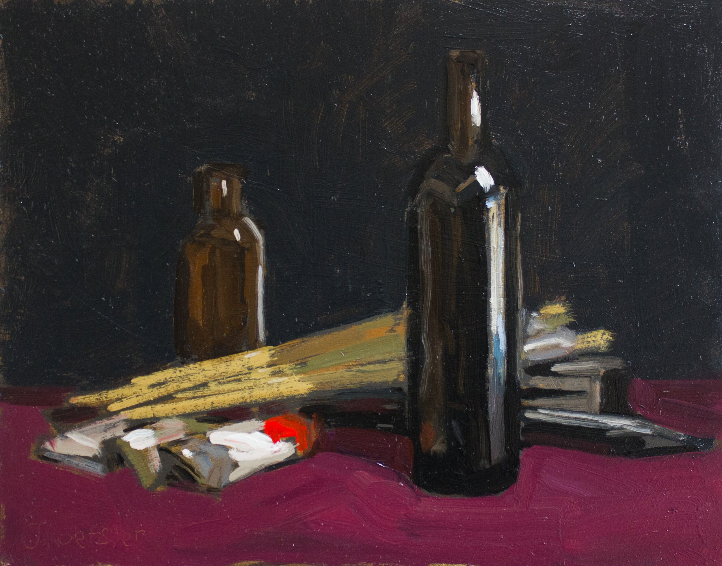 Paints, Brushes, and Glass Bottles