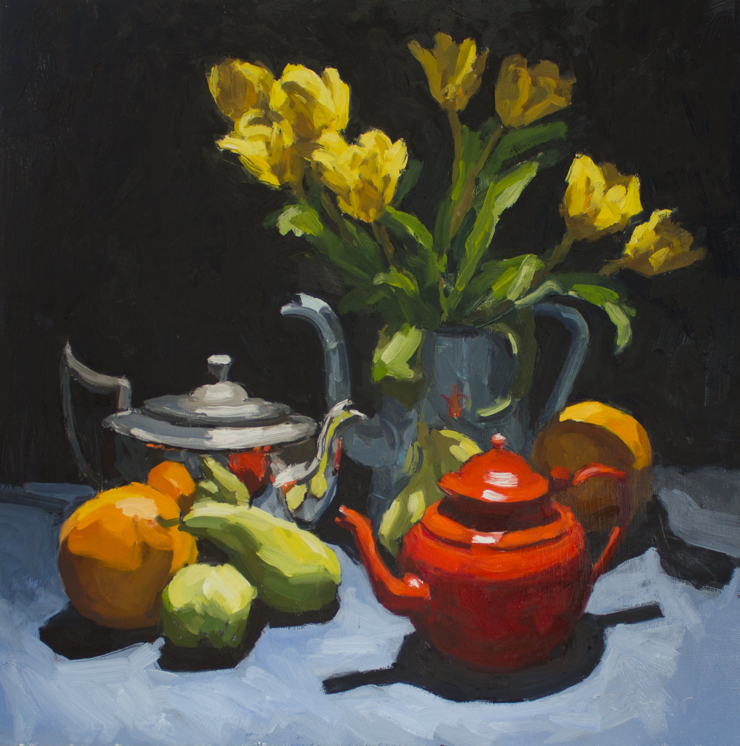 Teapots, Oranges, Pears, and Yellow Tulips