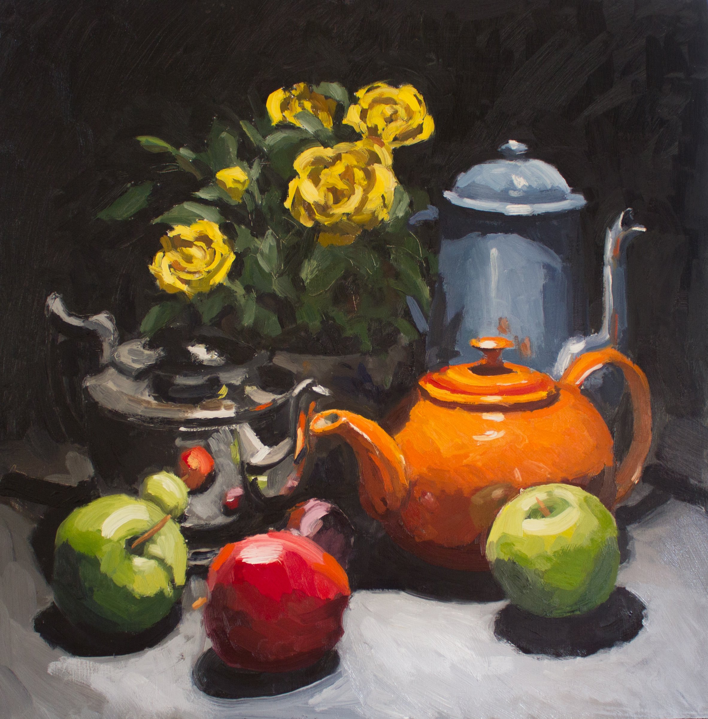 Teapots with Apples and yellow Roses