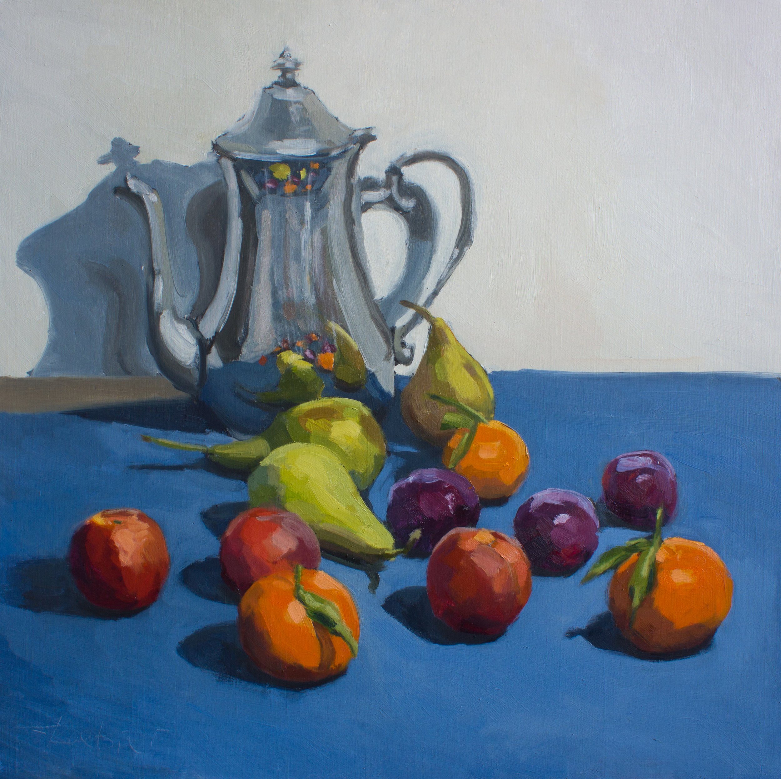 Teapot and Fruit on Blue