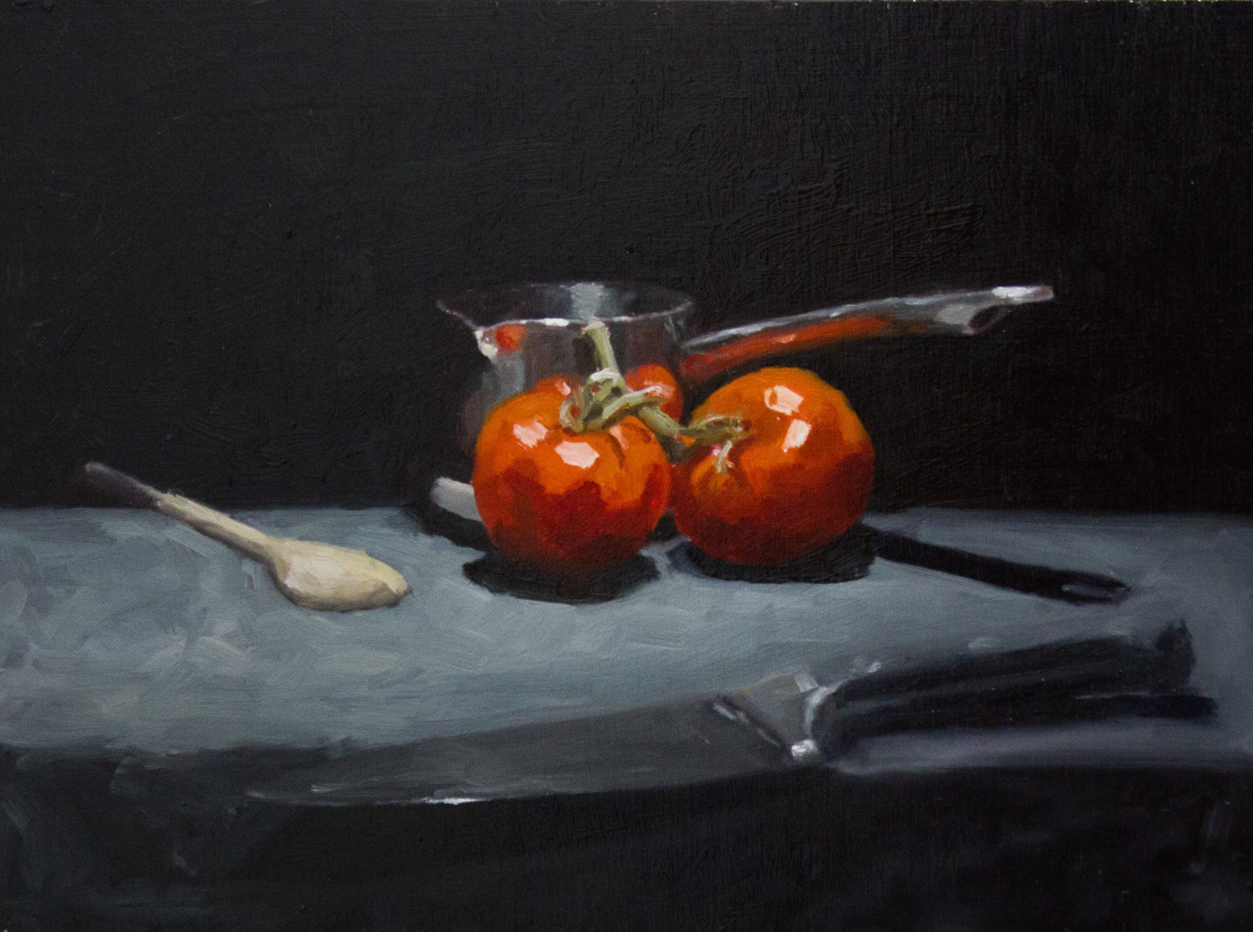 Tomatoes, wooden spoon, knife, and sauce pot