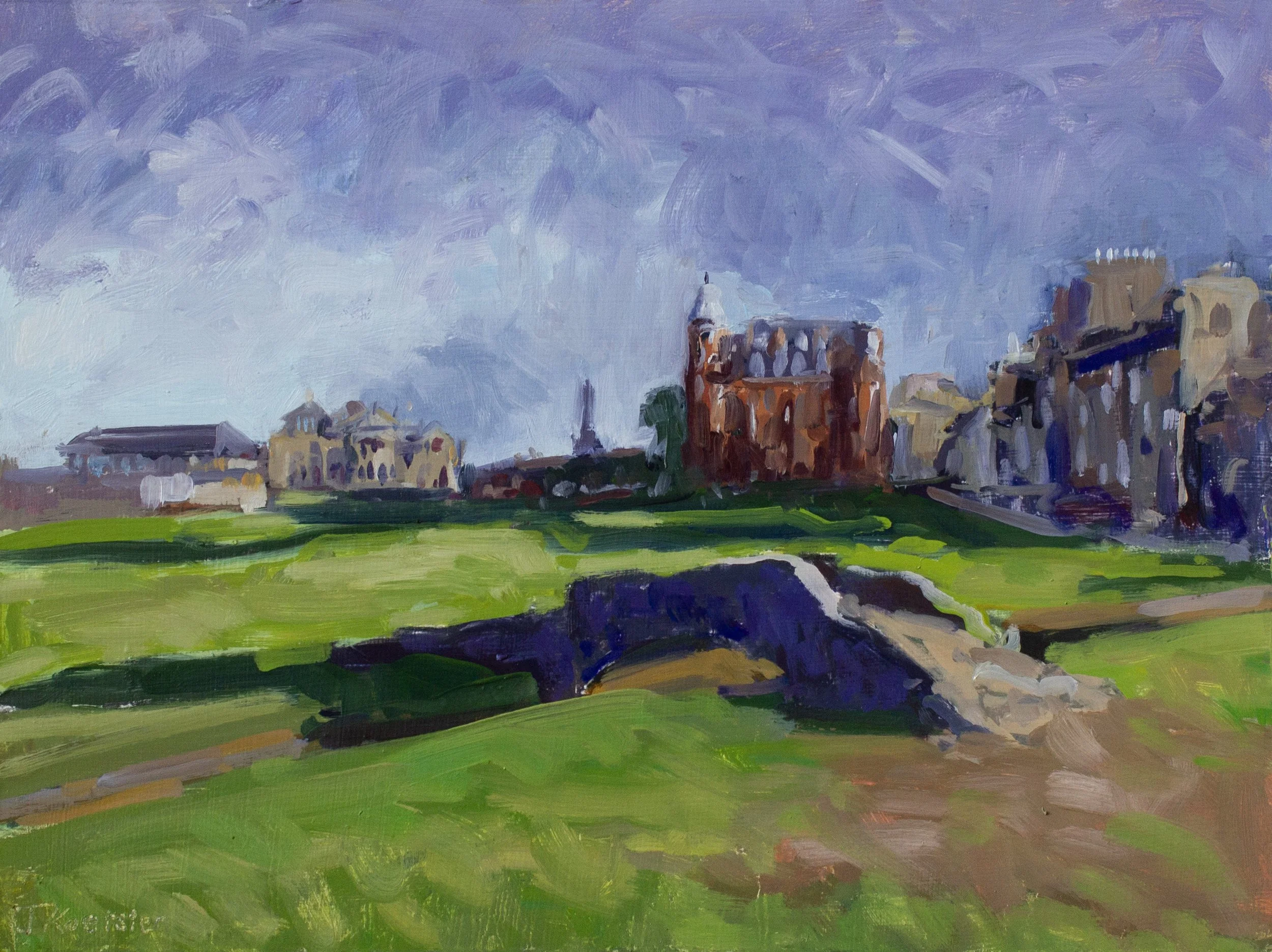 Oil painting by Jonathan Koetsier of the Swilcan Bridge and Old Course, St Andrews
