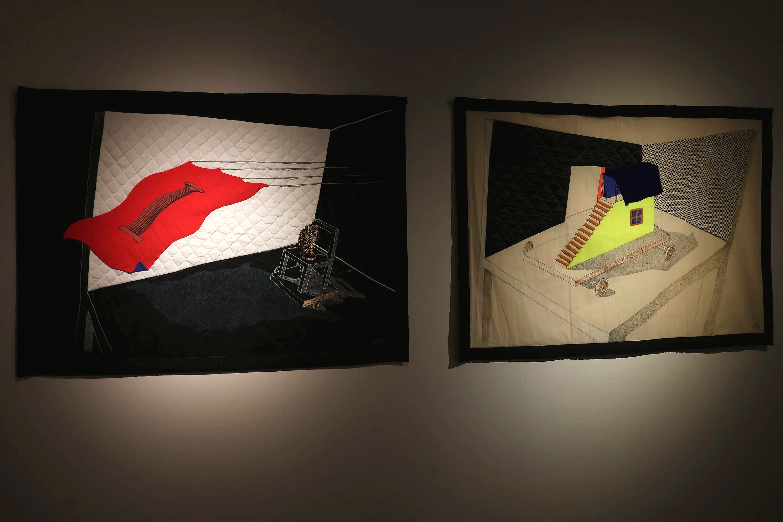 Franco Raggi, Soft Interior 5, House with steps and four poster bed, 2022-2023, mixed textile media