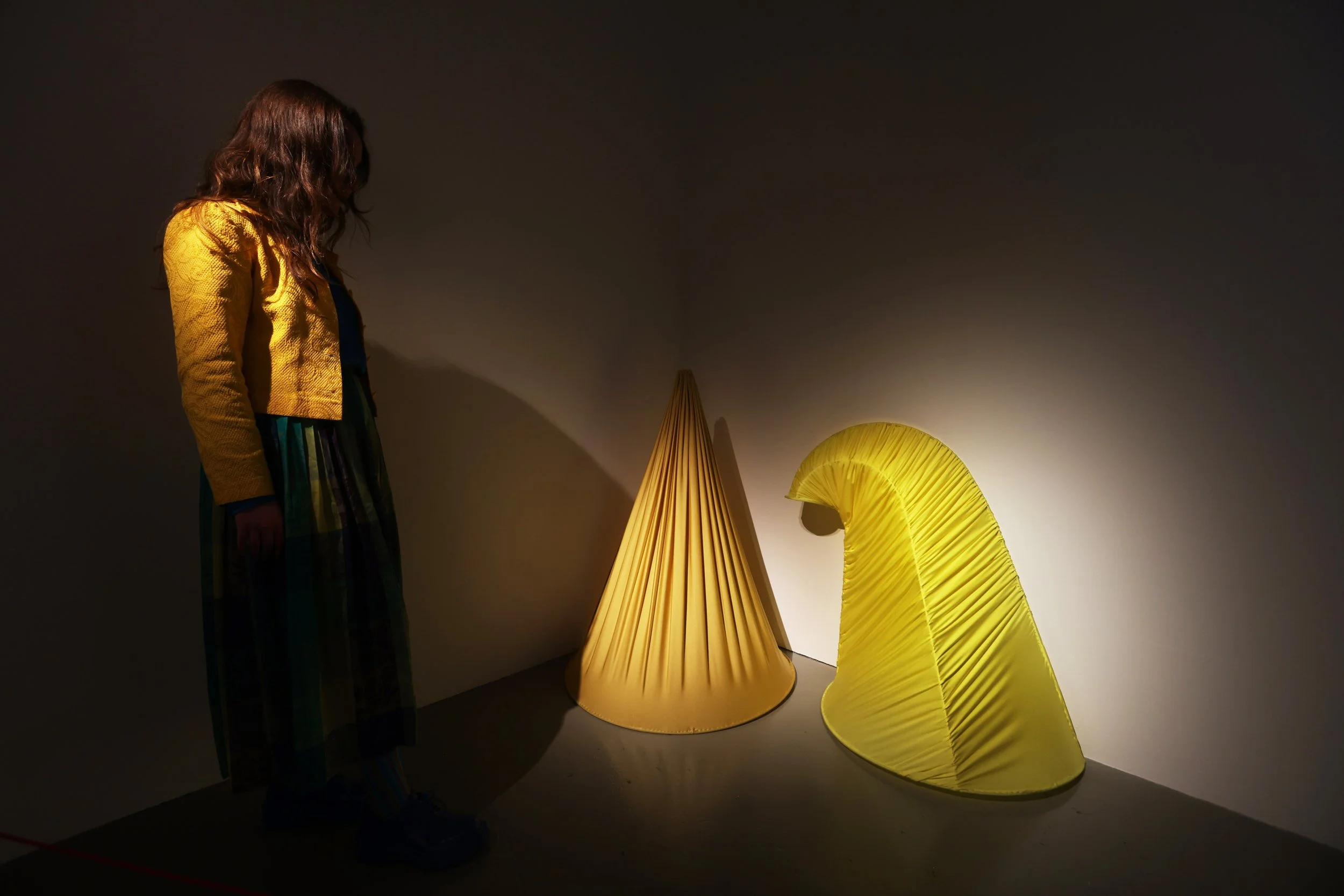 Richard Malone, Freestanding sculpture pair 2024, econyl, canvas, steel

