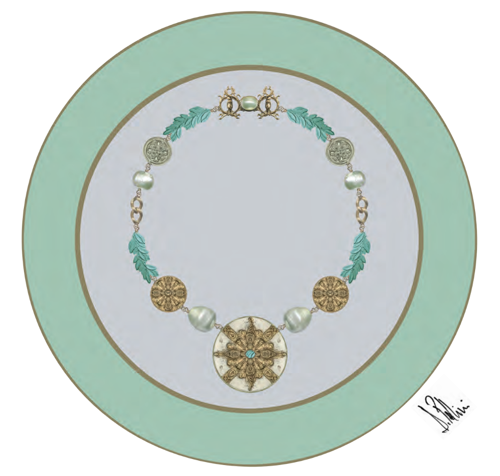 Donatella Pellini "The idea of the decoration of the plate is born by looking at the architectural motifs of Casino Marino with the eye of one who is used to creating jewellery: the friezes and stucco become the precious elements that create a neckla