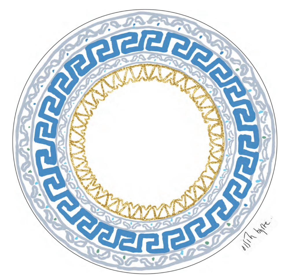 Oisin Byrne "My plate is decorated with a duck egg (or azzurro) blue greek fret pattern with gold detailing which mirrors the ceiling mouldings at the Casino at Marino. The entire pattern is hand drawn, with a strong but fluctuating line."