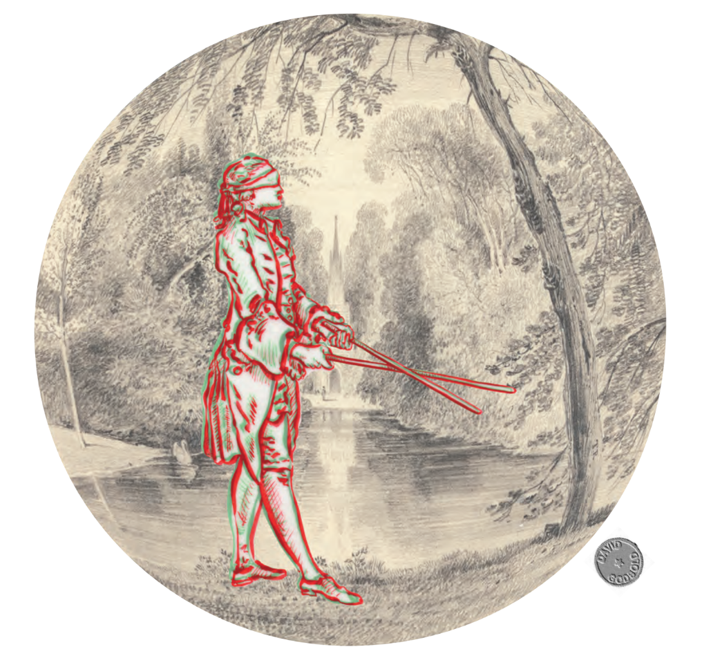 David Godbold "The design for the plate is an idealized landscape, sourced from a period sketchbook of the Casino gardens. Above it is overlaid an image of a blindfolded figure (originally illustrating an 18th Century edition of Descartes’ 1649 Treat