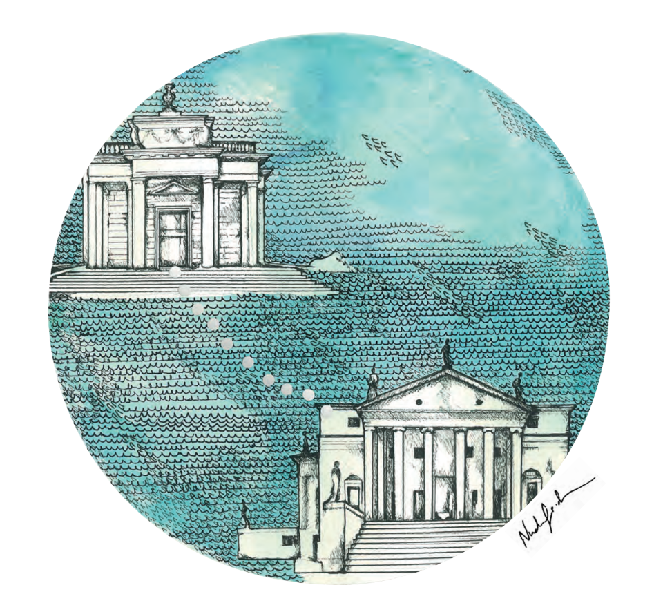 Nuala Goodman "My plate is a drawing of the Casino Marino in Dublin and the Villa Rotonda in Vicenza. The background is the sea in between, the platinum drops trace the link between the two buildings."