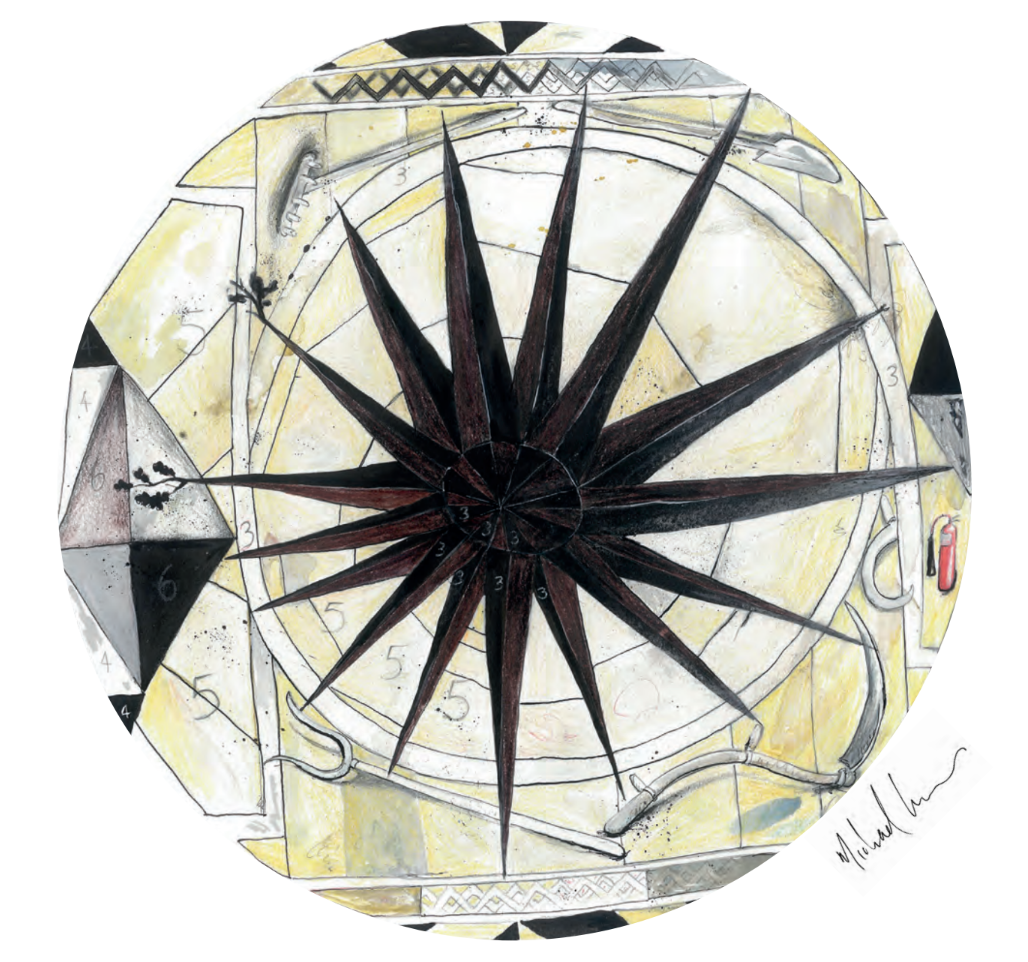 Michael Cummins "My drawing starts at the centre of the inlaid floor in the China Closet, looking at the irregularly shaped wood pieces which make up the symmetrical shape; I was happy to find something irregular in this building of such perfect regu