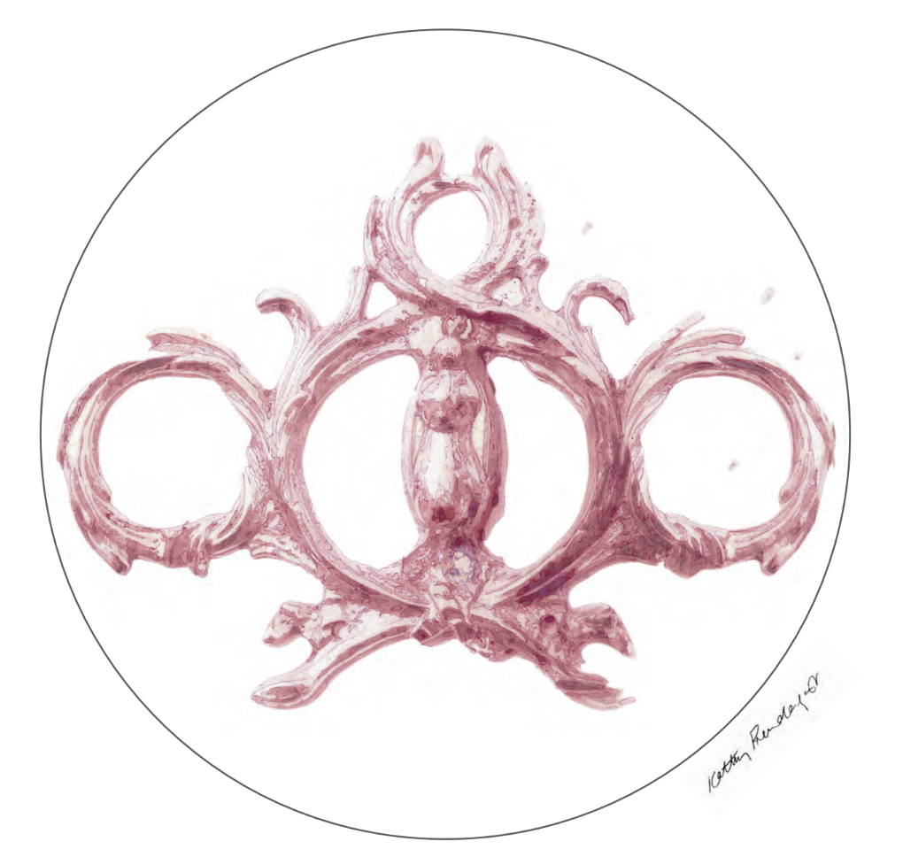 Kathy Prendergast "The drawing on my plate is based on the door knob at Casino Marino. I loved the fact that in designing this building even the door knobs were treated with special attention with filagree and whorls trailing over the wood. Such beau