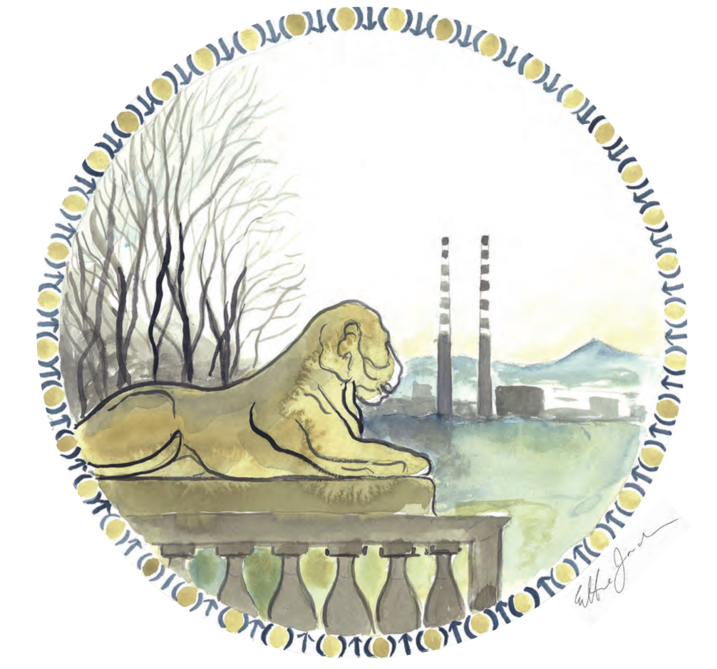 Eithne Jordan "I imagined a contemporary view of Dublin Bay from the vantage point of one of the Casino lions which are placed at each corner of the podium. The outer circumference pattern of my plate refers to the egg and dart design which is used e