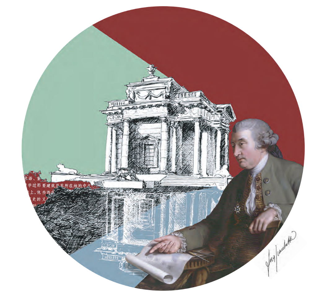 Luca Scacchetti "My plate portrays the architect of Casino Marino, Sir William Chambers, unrolling an architectural plan. On one of the backgrounds appear Chinese characters which remind of how this great architect was especially admired for bringing