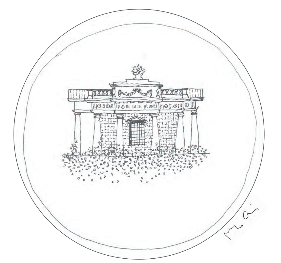 Aldo Cibic "I always find it difficult when I have to start a drawing on a blank page; For the Casino in Marino, I thought that I wanted to draw it as it is, resting on a green leaves cloud. The drawing is like a sketch but this is what makes it even