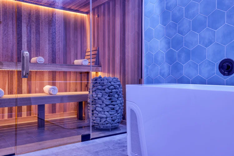 Stone-heater traditional sauna beside the cold plunge in Optimum Health's private room