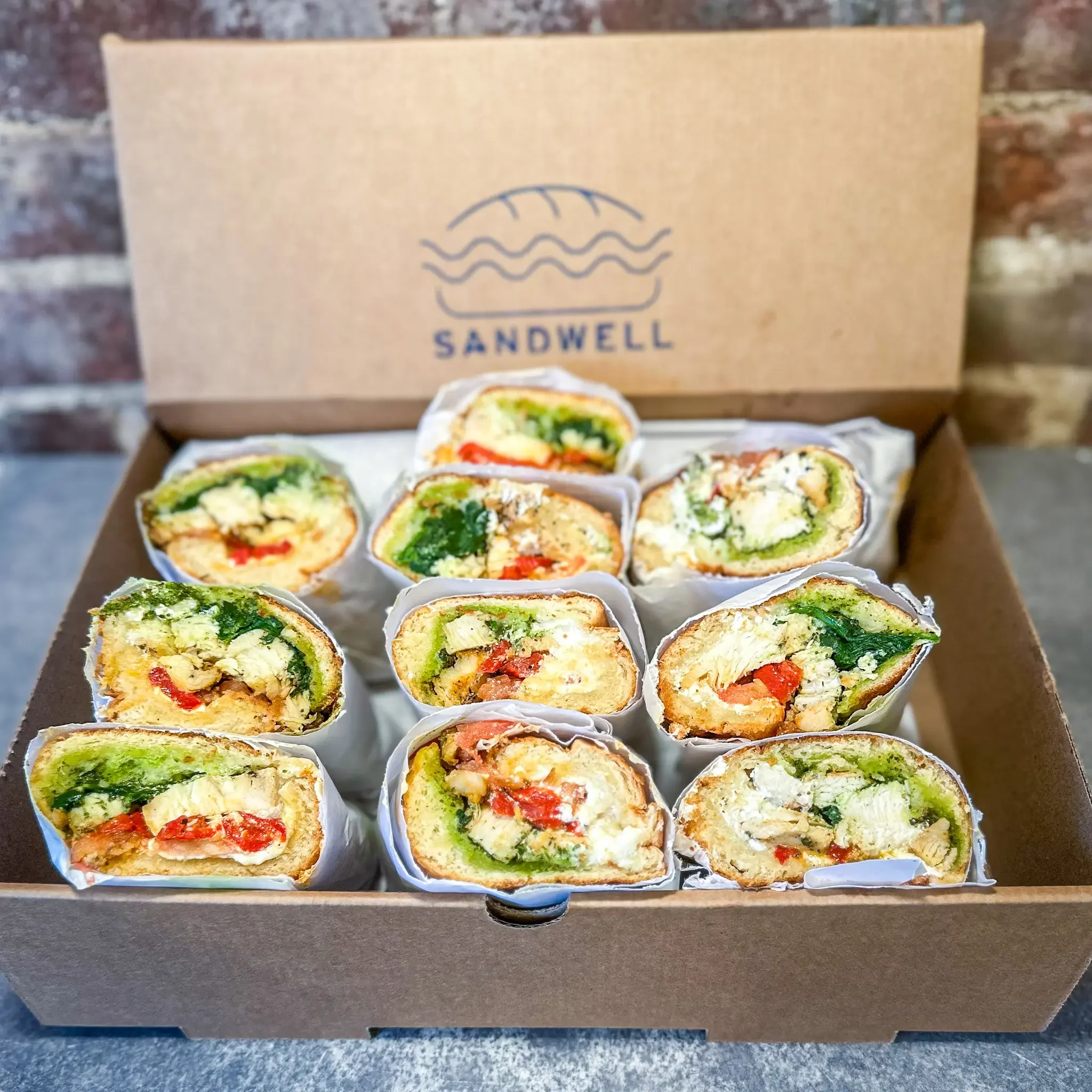 Sandwell's Build Your Own Sandwich Box for catering — choose up to two sandwiches on house-baked semolina bread, available in NYC