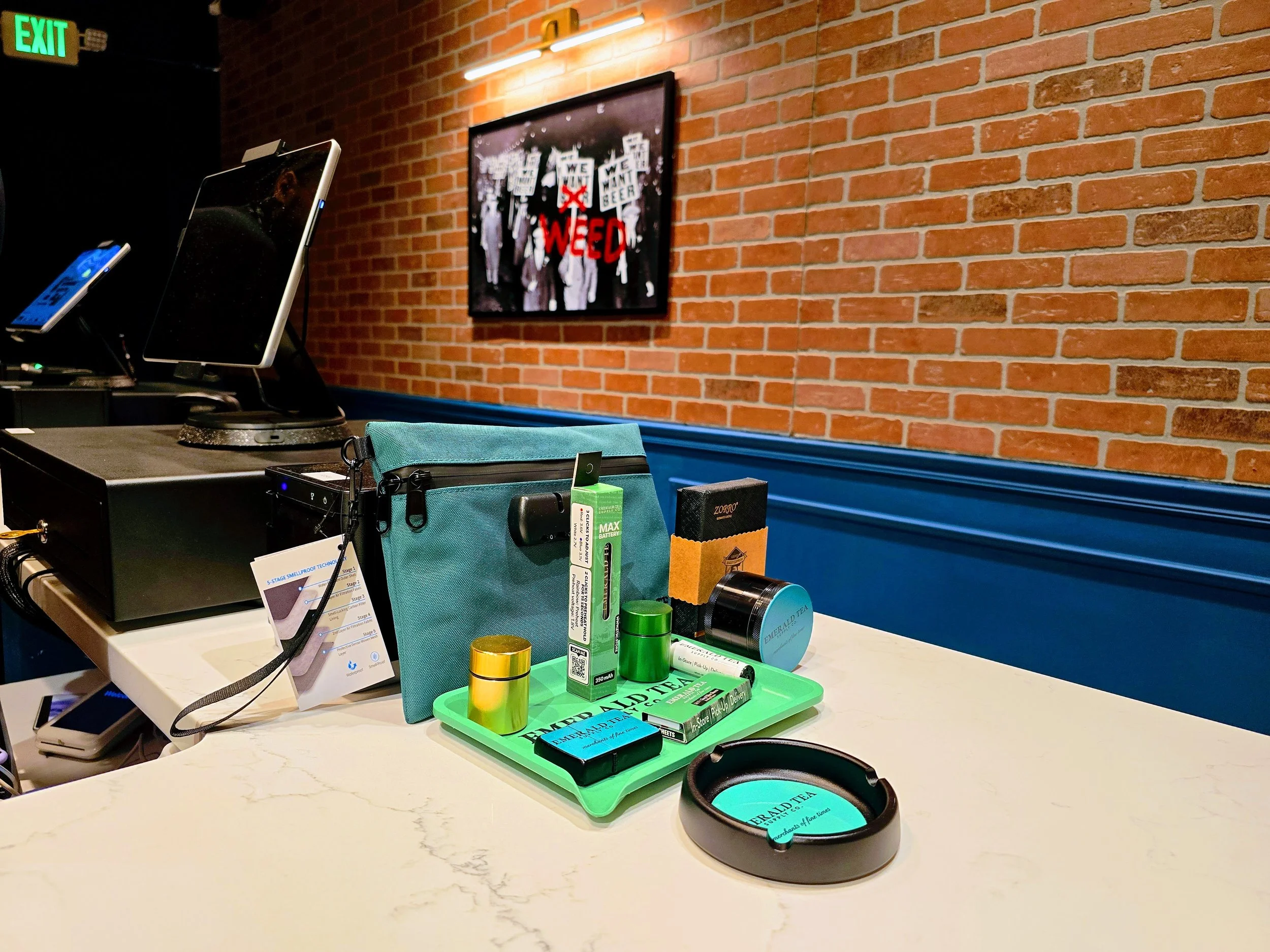 Image of Emerald Tea Supply Company merchandise on the counter of the dispensary