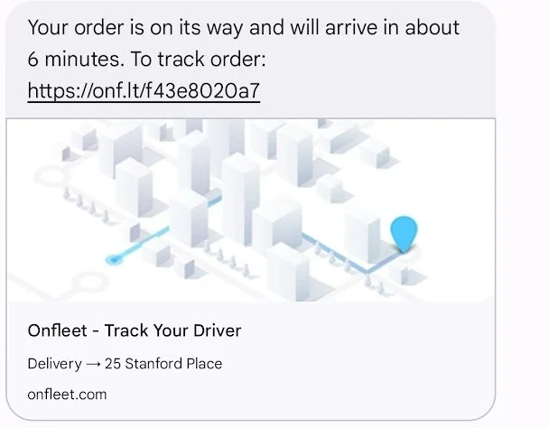 Screenshot of text message indicating the delivery is on the way