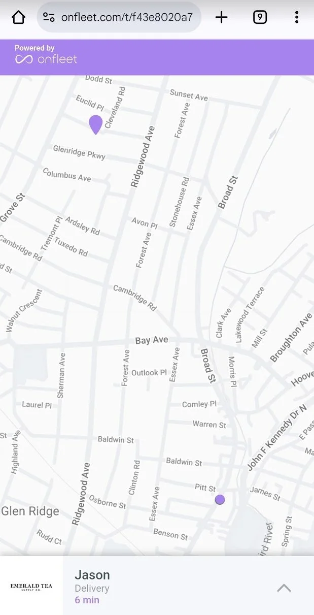 Screenshot of Onfleet delivery map showing where the driver is at