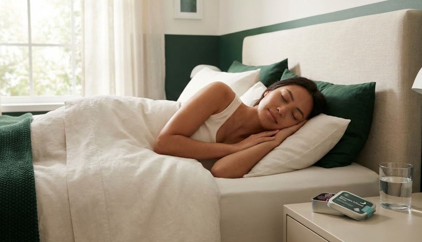 A woman experiencing deep REM sleep in a modern bedroom with Emerald Tea Supply Company cannabis gummies on the nightstand, illustrating cannabis as a restorative sleep aid during High January.