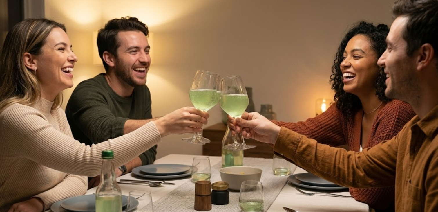 Diverse friends at a dinner party clinking glasses of sparkling green THC-infused social tonics, demonstrating a California Sober lifestyle and alcohol-free socializing at Emerald Tea Supply Co.