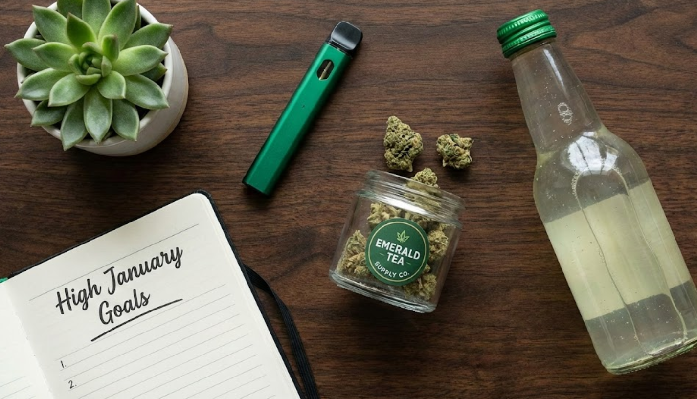 Top-down view of a High January wellness planning desk featuring Emerald Tea Supply Co cannabis flower, a green vape pen, and a cannabis-infused beverage—the best Dry January alternatives in Bloomfield, NJ.