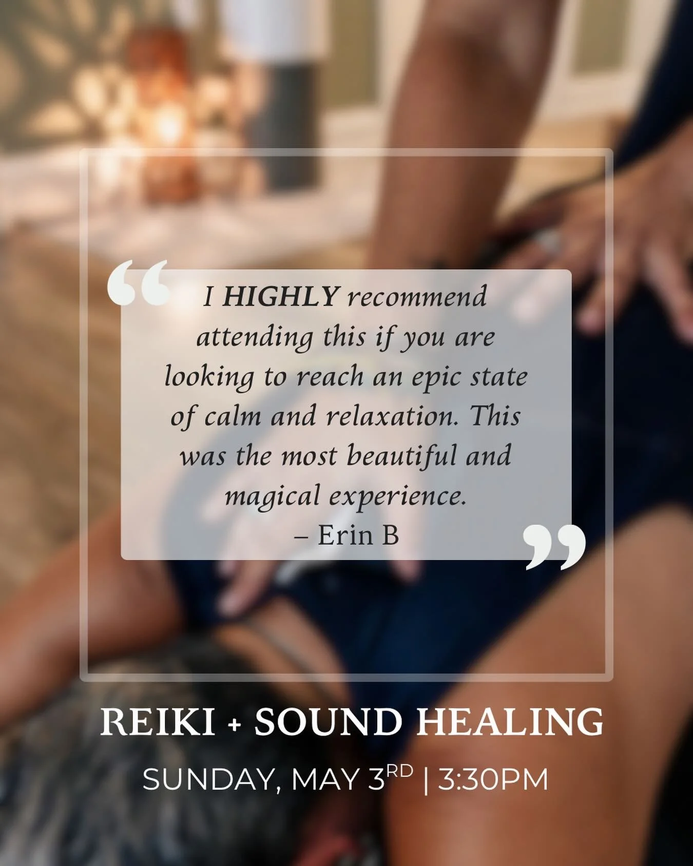 Reiki + Sound Healing ✨

Sunday, May 3rd | 3:30PM w/ Amy + Dee

&ldquo;I HIGHLY recommend attending this if you are looking to reach an epic state of calm and relaxation. This was the most beautiful and magical experience.&rdquo; - Erin B 

If you&rs