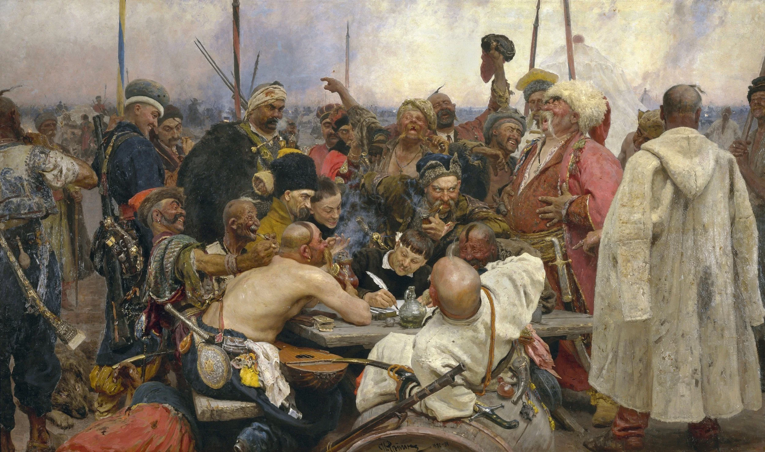 Painting by Ilya Repin - Zaporozhian Cossacks writing a reply to the Turkish sultan