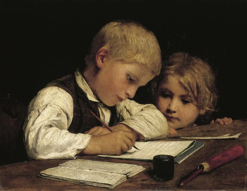 19 century painting of boy writing and his sister watching him write