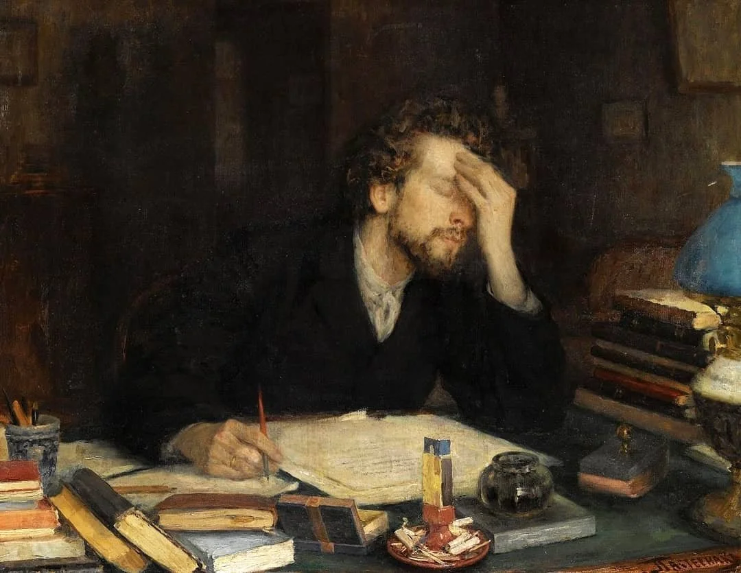 Man grasping his forehead struggling to write, a painting