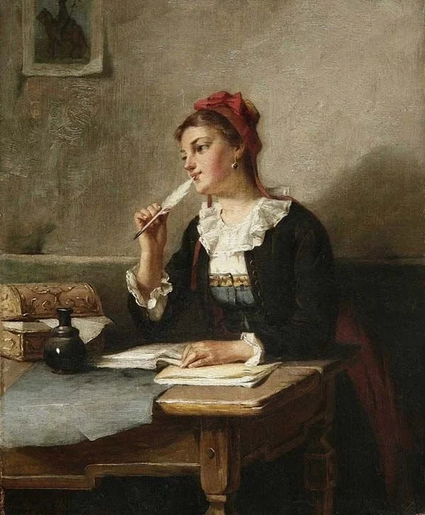 Painting of a young woman sitting at her desk with her journal open before her, she is gazing away with a contemplative smile while nibbling on the end of her feather quill