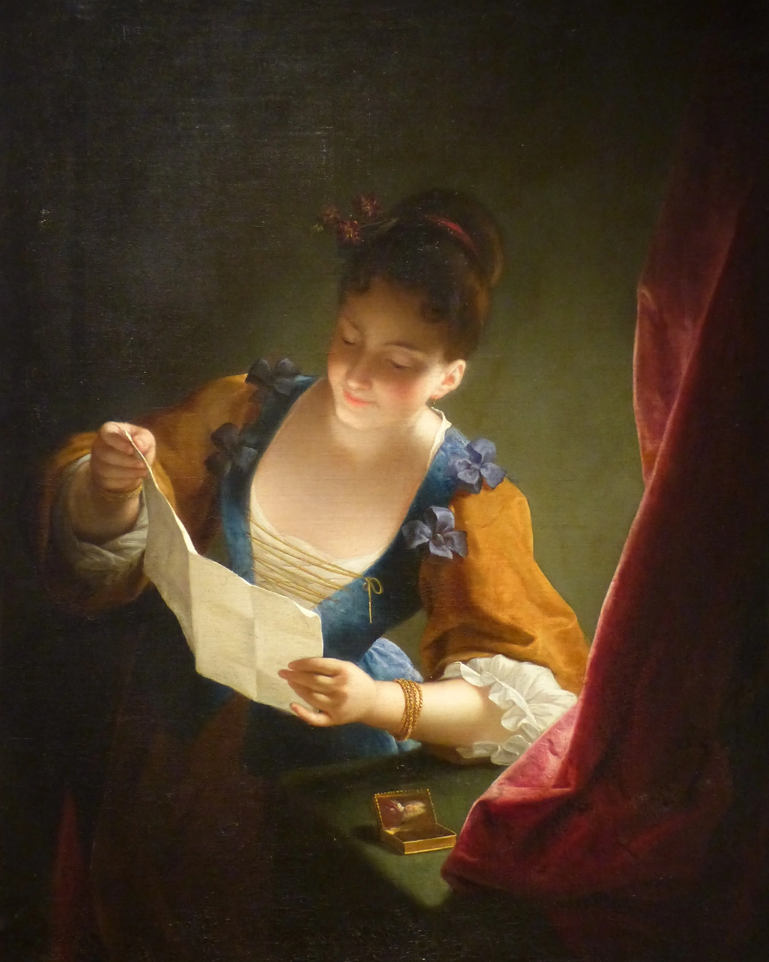 Woman reading letter, painting, early 18 century, rococo