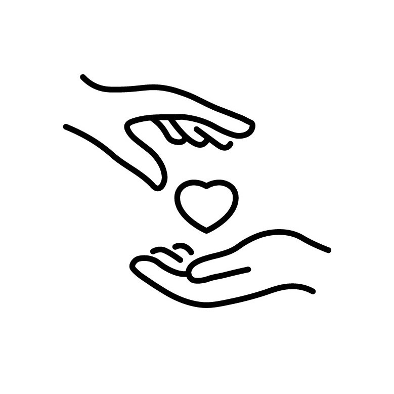 Line drawing of one hand passing a heart shape to another hand, symbolizing giving or sharing love.