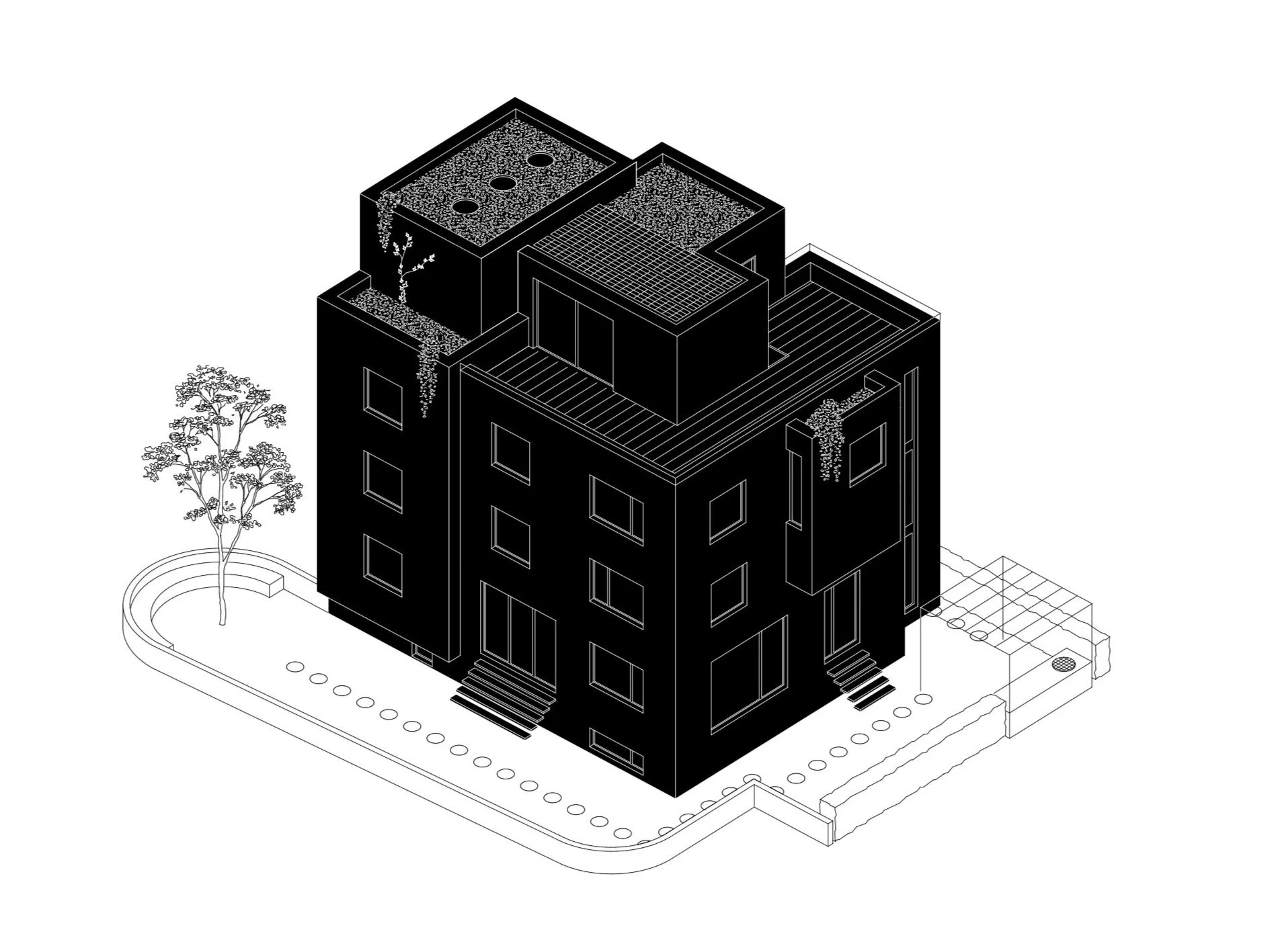 Wohnhaus Zentrum Uster – Axonometrie Ersatzneubau mit zwei Maisonettewohnungen und Studio