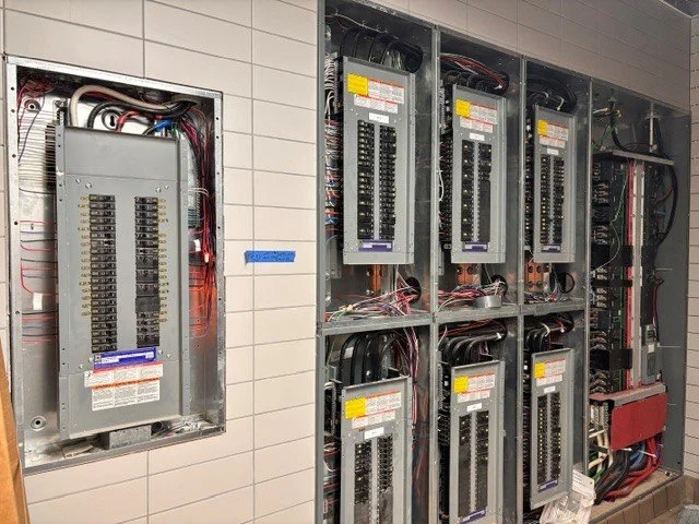 Eight large electrical panels
