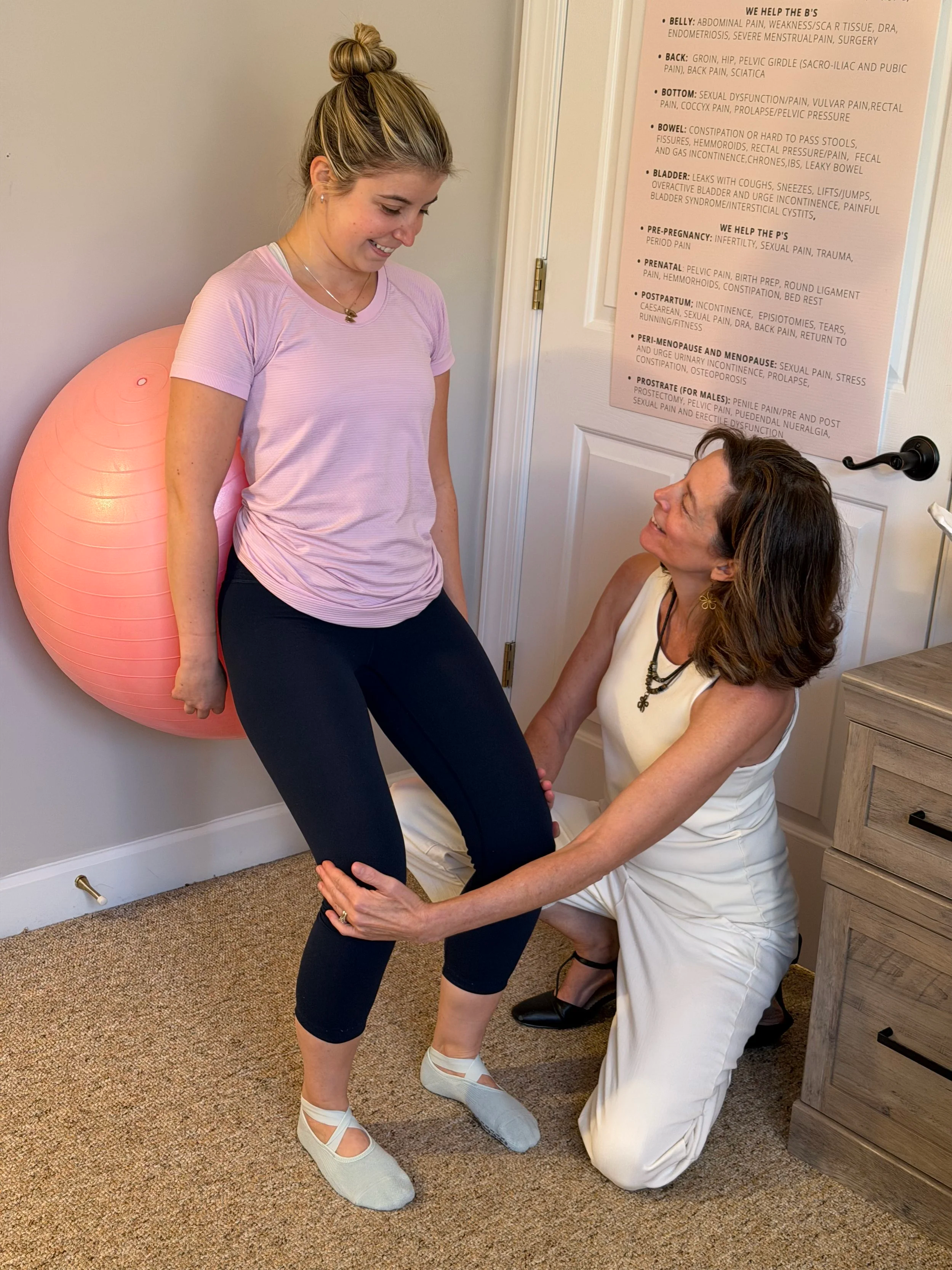 Woman receiving hip and postural strengthening exercise training to help her pelvic  floor health.