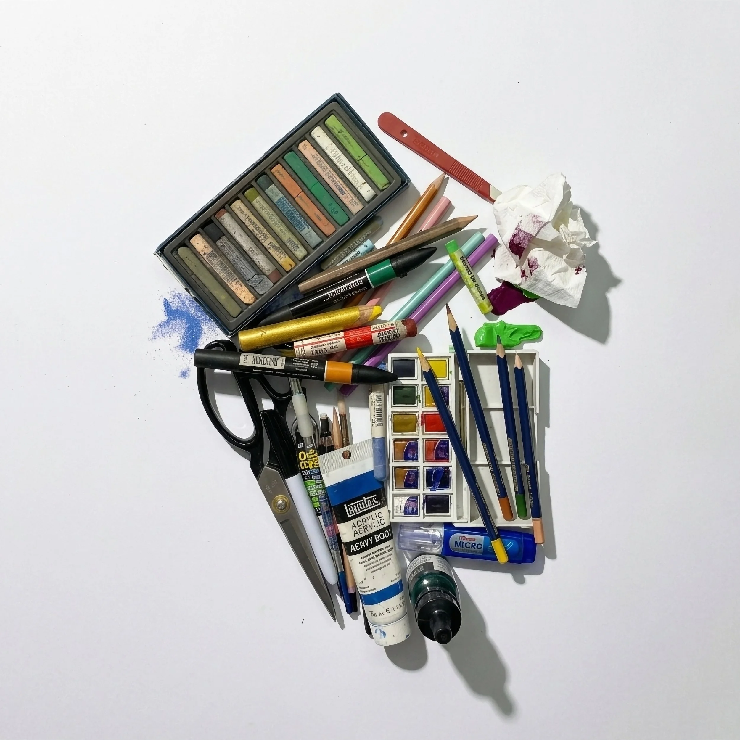 Art supplies including watercolor paints, colored pencils, markers, and paper scattered on white background.